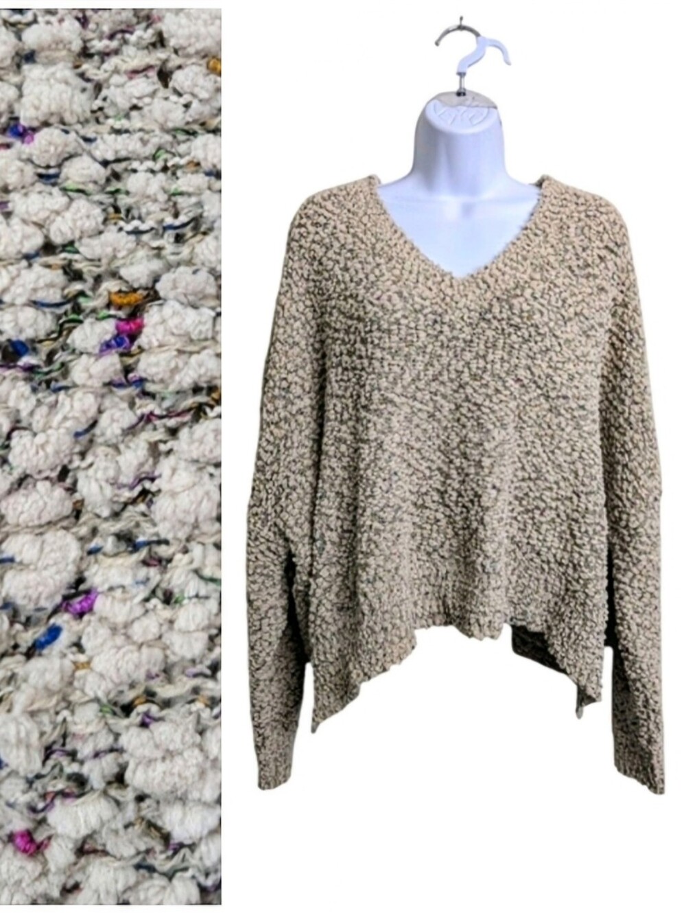 POL Tan Nubby Popcorn Textured V-Neck Sweater Sz L Oversized Granola Loungewear